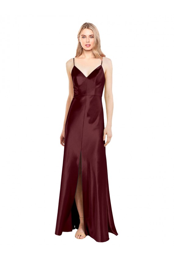 Compre Borgoña oscuro línea A Tirantes espagueti Cuello en V Satén elástico Largo Formales Vestidos de dama de honor / Vestidos de fiesta