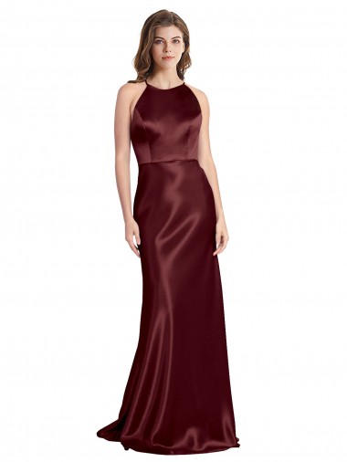 Compre Borgoña oscuro línea A Tirantes espagueti Cuello en V Satén elástico Largo Formales Vestidos de dama de honor / Vestidos de fiesta