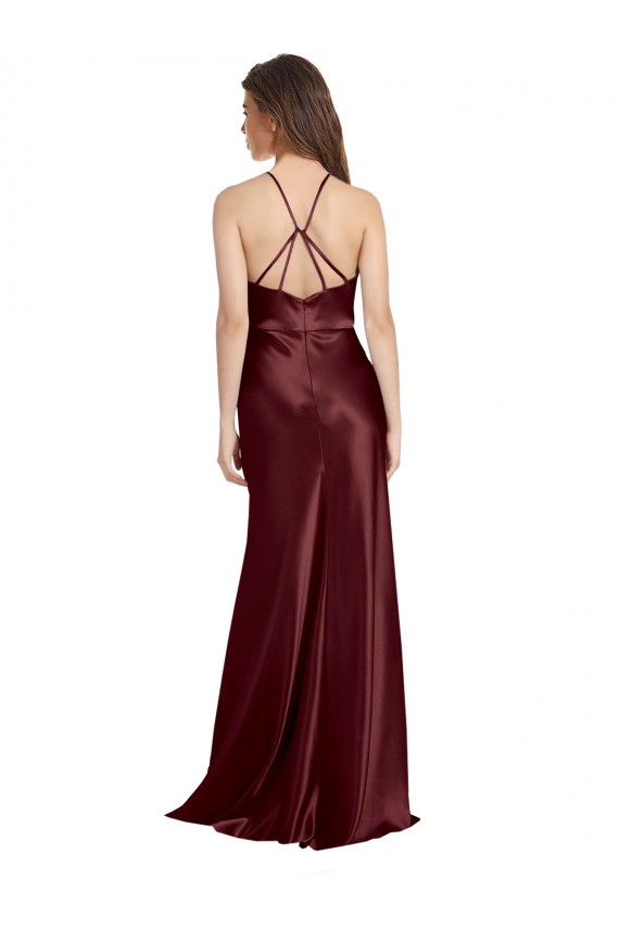 Compre Borgoña oscuro línea A Tirantes espagueti Cuello en V Satén elástico Largo Formales Vestidos de dama de honor / Vestidos de fiesta