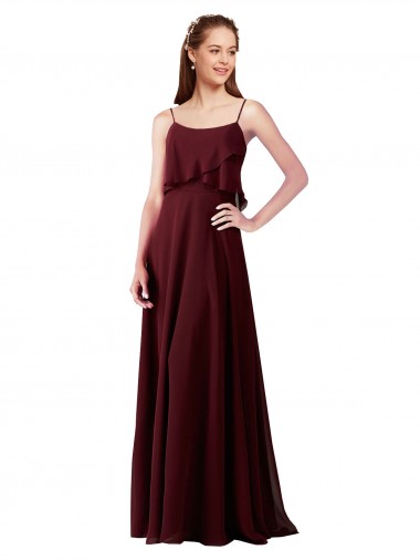 Compre Borgoña oscuro línea A Tirantes espagueti Gasa Largo Vestidos de dama de honor
