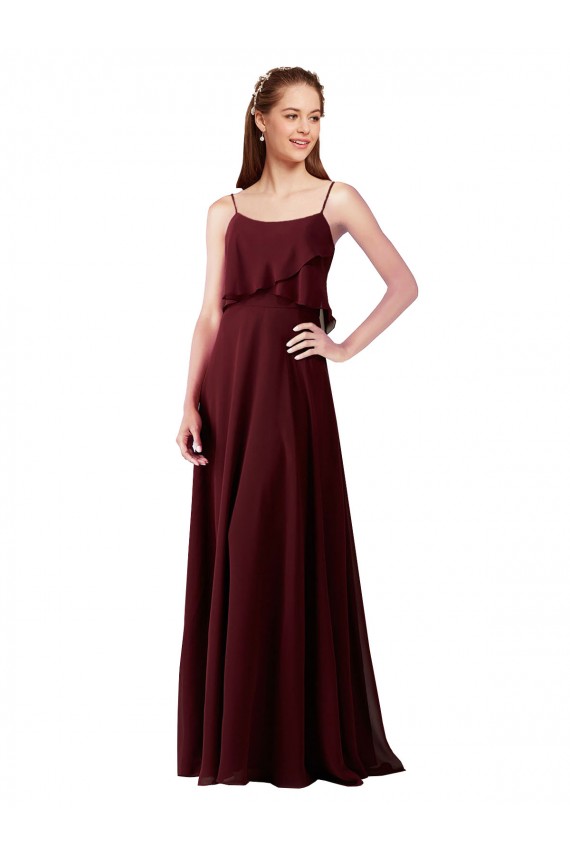 Compre Borgoña oscuro línea A Tirantes espagueti Gasa Largo Vestidos de dama de honor