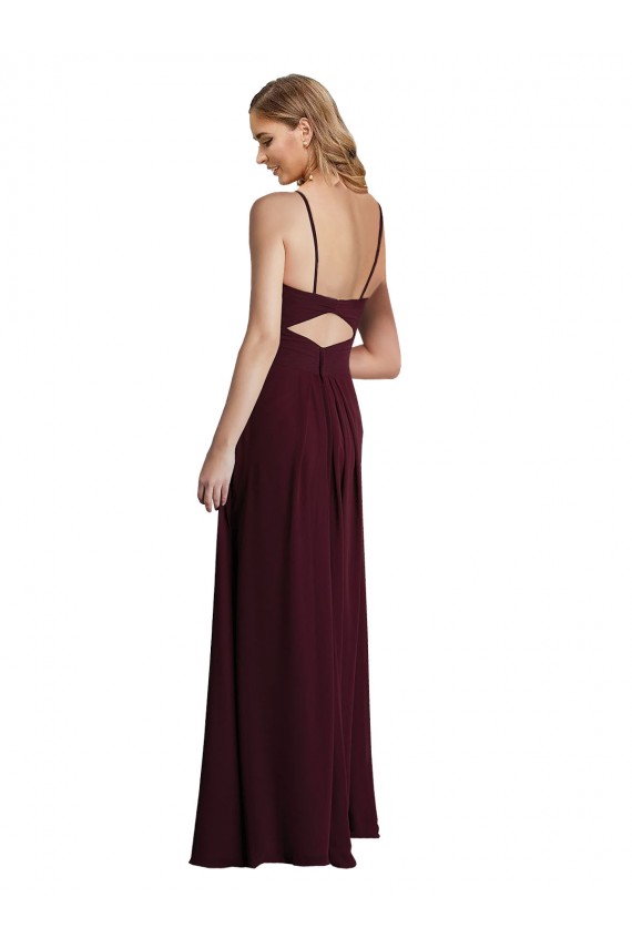 Compre Borgoña oscuro línea A Tirantes espagueti Gasa Largo Vestidos de dama de honor