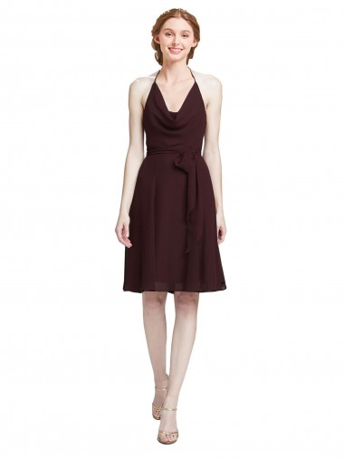Compre Borgoña oscuro línea A Tirantes espagueti Halter Gasa Corto Vestidos de dama de honor / Vestidos de cóctel