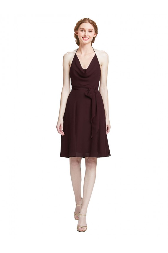 Compre Borgoña oscuro línea A Tirantes espagueti Halter Gasa Corto Vestidos de dama de honor / Vestidos de cóctel