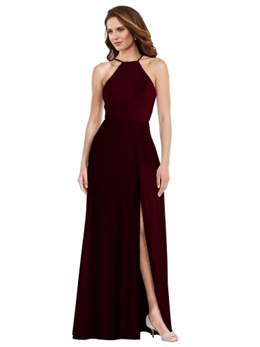 Compre Borgoña oscuro línea A Tirantes espagueti Halter Gasa Largo Vestidos de dama de honor