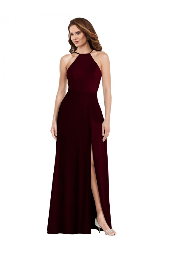 Compre Borgoña oscuro línea A Tirantes espagueti Halter Gasa Largo Vestidos de dama de honor