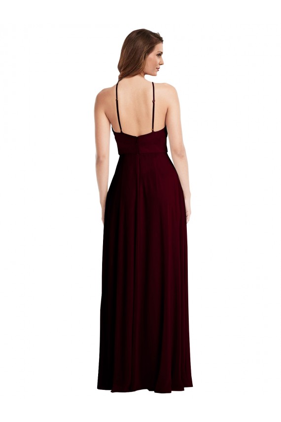 Compre Borgoña oscuro línea A Tirantes espagueti Halter Gasa Largo Vestidos de dama de honor