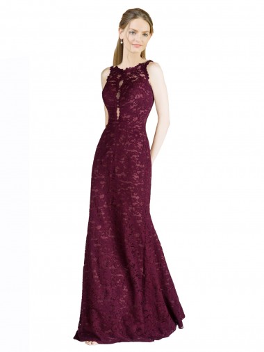 Compre Borgoña oscuro línea A Ilusión Cuello Alto Encaje Largo Vestidos de dama de honor / Vestidos de fiesta