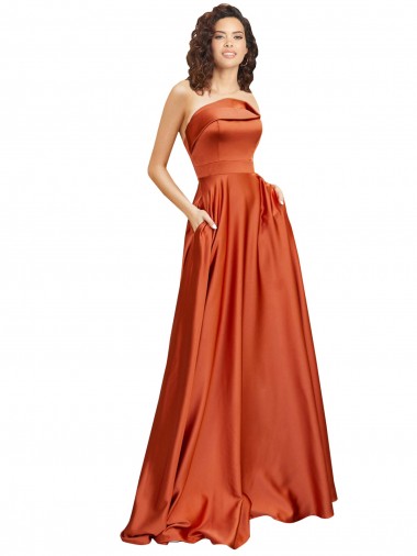 Compre Burnt línea A Cuello redondo Barrer tren Satén sedoso Largo Formales Vestidos de dama de honor / Vestidos de fiesta