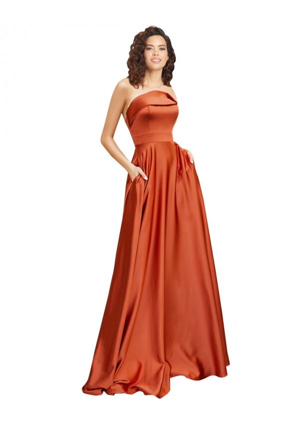 Compre Burnt línea A Cuello redondo Barrer tren Satén sedoso Largo Formales Vestidos de dama de honor / Vestidos de fiesta