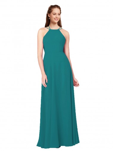 Compre Cazador Verde Cubierta Cuello Alto Gasa Largo Vestidos de dama de honor