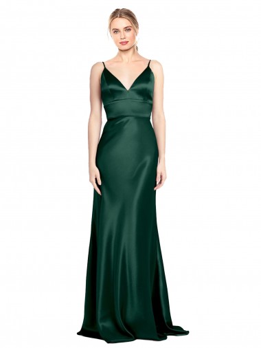Compre Cazador Verde Cubierta Tirantes espagueti Cuello en V Cuello Alto Satén elástico Largo Formales Vestidos de dama de honor / Vestidos de fiesta