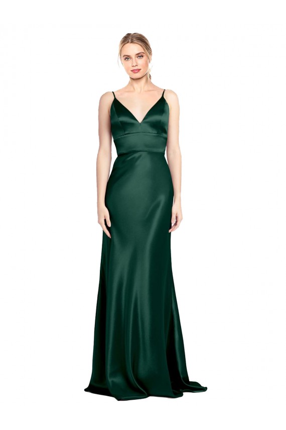 Compre Cazador Verde Cubierta Tirantes espagueti Cuello en V Cuello Alto Satén elástico Largo Formales Vestidos de dama de honor / Vestidos de fiesta