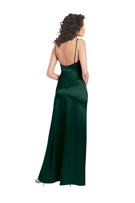 Compre Cazador Verde línea A Cucharón Satén elástico Largo Formales Vestidos de dama de honor / Vestidos de fiesta