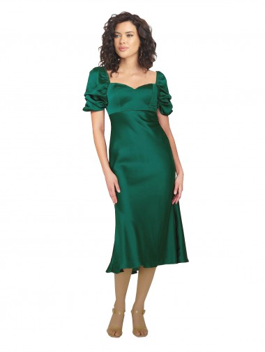 Compre Cazador Verde línea A Cuello de Corazón Midi Satén sedoso Corto Formales Vestidos de dama de honor / Vestidos de fiesta