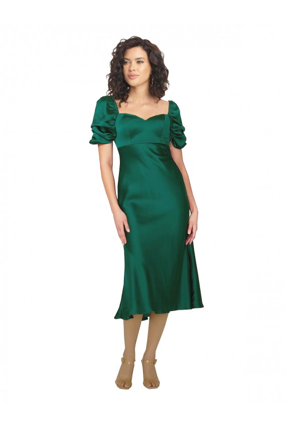 Compre Cazador Verde línea A Cuello de Corazón Midi Satén sedoso Corto Formales Vestidos de dama de honor / Vestidos de fiesta