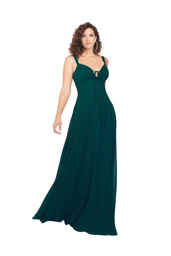Compre Cazador Verde línea A Cuello en V Cuello de Corazón Gasa Largo Vestidos de dama de honor