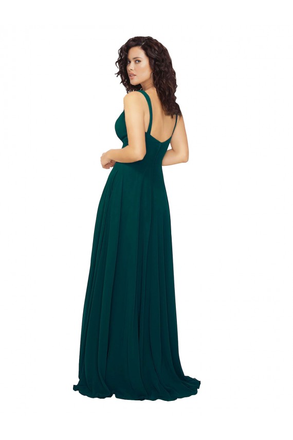 Compre Cazador Verde línea A Cuello en V Cuello de Corazón Gasa Largo Vestidos de dama de honor