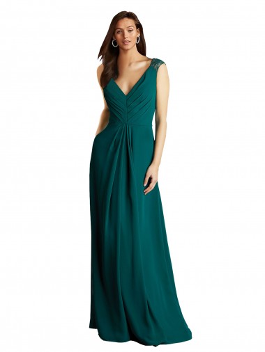 Compre Cazador Verde línea A Cuello en V Gasa Encaje Largo Vestidos de dama de honor