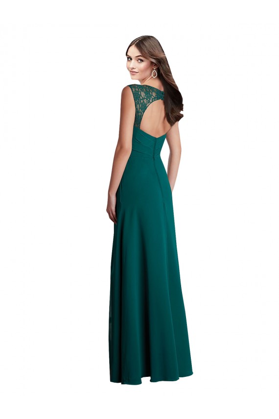 Compre Cazador Verde línea A Cuello en V Gasa Encaje Largo Vestidos de dama de honor