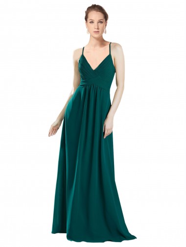 Compre Cazador Verde línea A Cuello en V Gasa Largo Vestidos de dama de honor