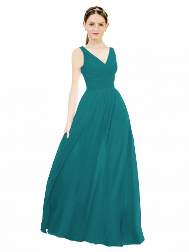Compre Cazador Verde línea A Cuello en V Gasa Largo Vestidos de dama de honor