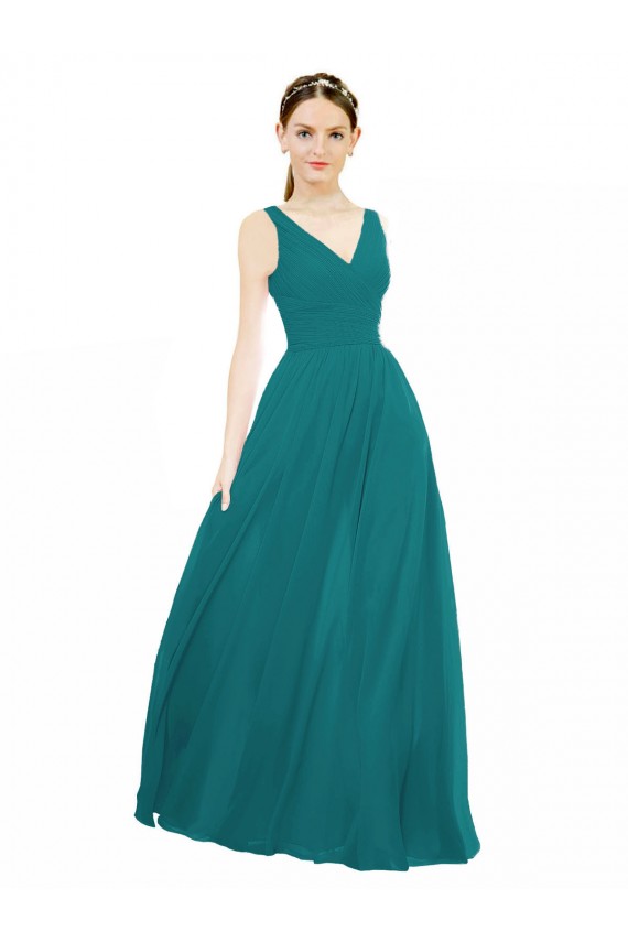 Compre Cazador Verde línea A Cuello en V Gasa Largo Vestidos de dama de honor