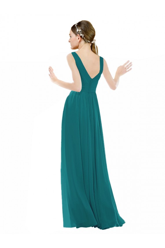 Compre Cazador Verde línea A Cuello en V Gasa Largo Vestidos de dama de honor
