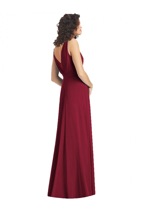 Compre Cazador Verde línea A Cuello en V Gasa Largo Vestidos de dama de honor