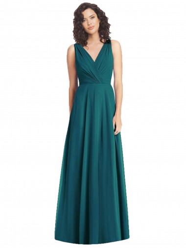 Compre Cazador Verde línea A Cuello en V Gasa Largo Vestidos de dama de honor