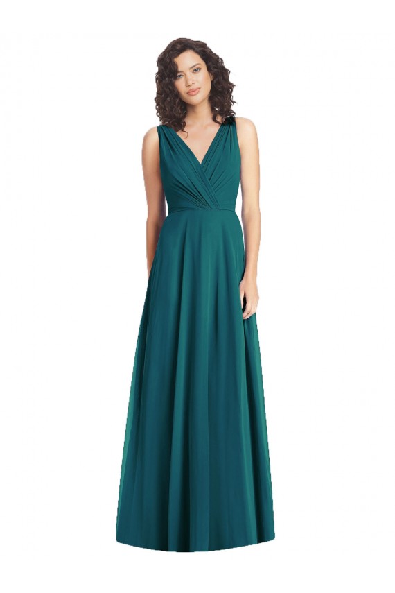 Compre Cazador Verde línea A Cuello en V Gasa Largo Vestidos de dama de honor