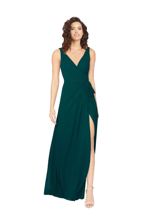 Compre Cazador Verde línea A Cuello en V Gasa Largo Vestidos de dama de honor