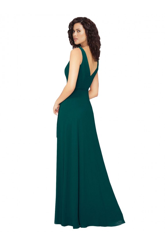 Compre Cazador Verde línea A Cuello en V Gasa Largo Vestidos de dama de honor
