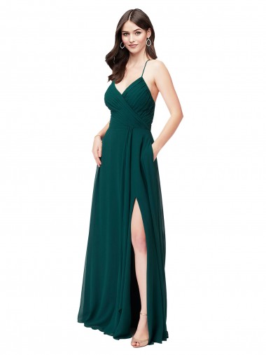 Compre Cazador Verde línea A Cuello en V Gasa Largo Vestidos de dama de honor