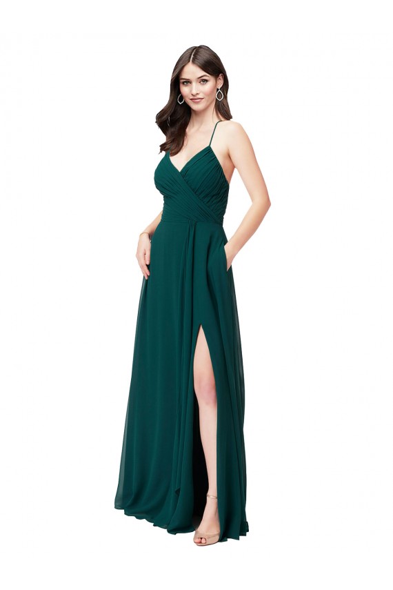 Compre Cazador Verde línea A Cuello en V Gasa Largo Vestidos de dama de honor