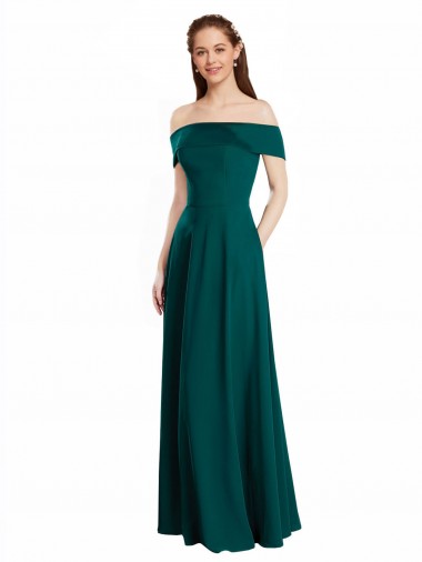 Compre Cazador Verde línea A Hombros Descubiertos Gasa Largo Vestidos de dama de honor