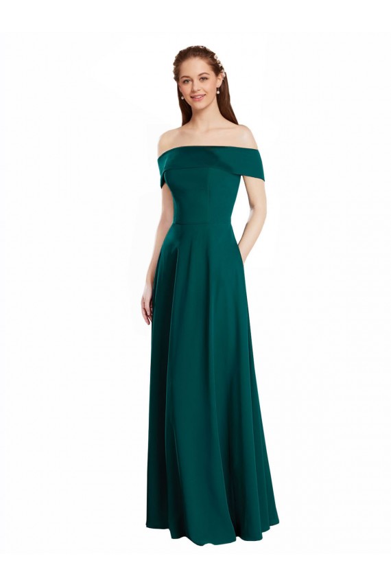 Compre Cazador Verde línea A Hombros Descubiertos Gasa Largo Vestidos de dama de honor
