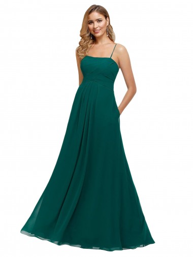 Compre Cazador Verde línea A Tirantes espagueti Cuadrado Gasa Largo Vestidos de dama de honor