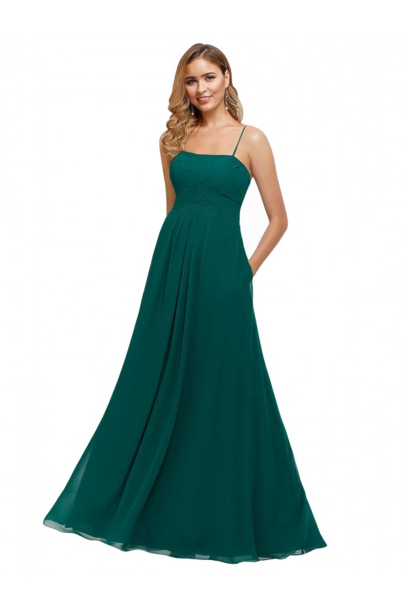 Compre Cazador Verde línea A Tirantes espagueti Cuadrado Gasa Largo Vestidos de dama de honor