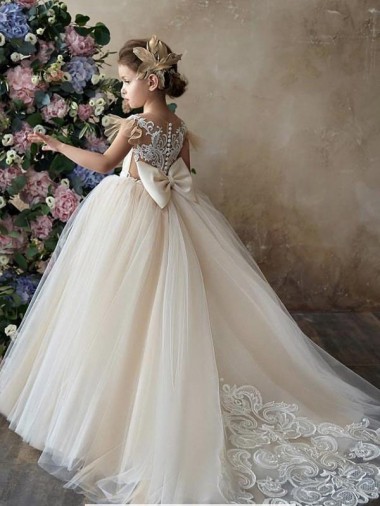 Compre Champán Cuello de Corazón Cola capilla Tul Encaje Largo vestidos de niña de las flores