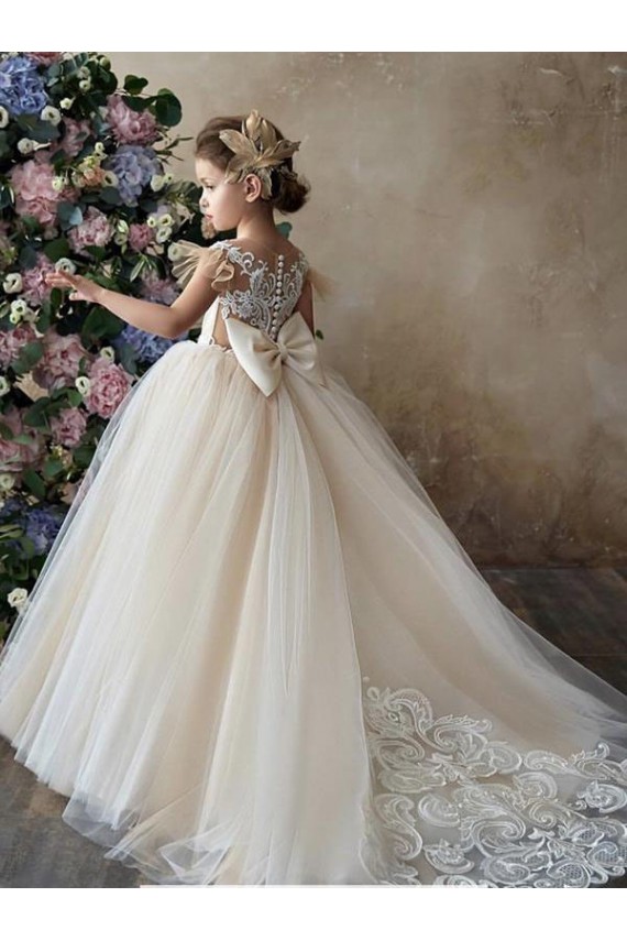 Compre Champán Cuello de Corazón Cola capilla Tul Encaje Largo vestidos de niña de las flores