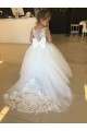 Compre Champán Cuello de Corazón Cola capilla Tul Encaje Largo vestidos de niña de las flores
