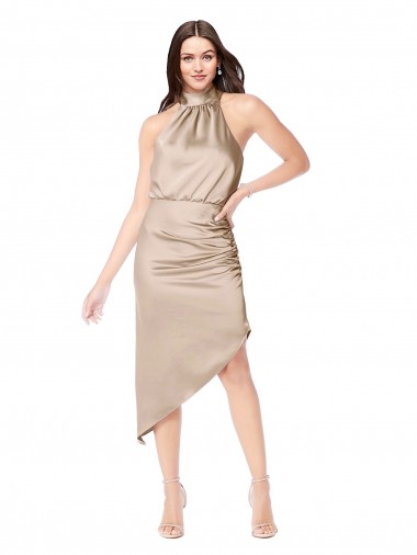 Compre Champán Rosa línea A Halter Midi Satén sedoso Corto Asimétrico Vestidos de dama de honor / Vestidos de fiesta / Vestidos de cóctel / Vestidos para homecoming