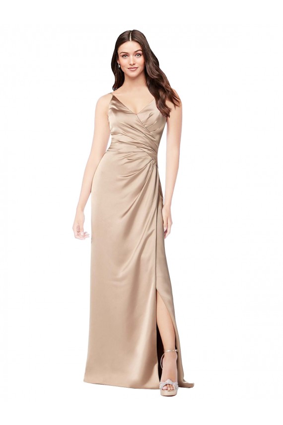 Compre Champán Rosa línea A Tirantes espagueti Cuello en V Satén sedoso Largo Formales Vestidos de dama de honor / Vestidos de fiesta