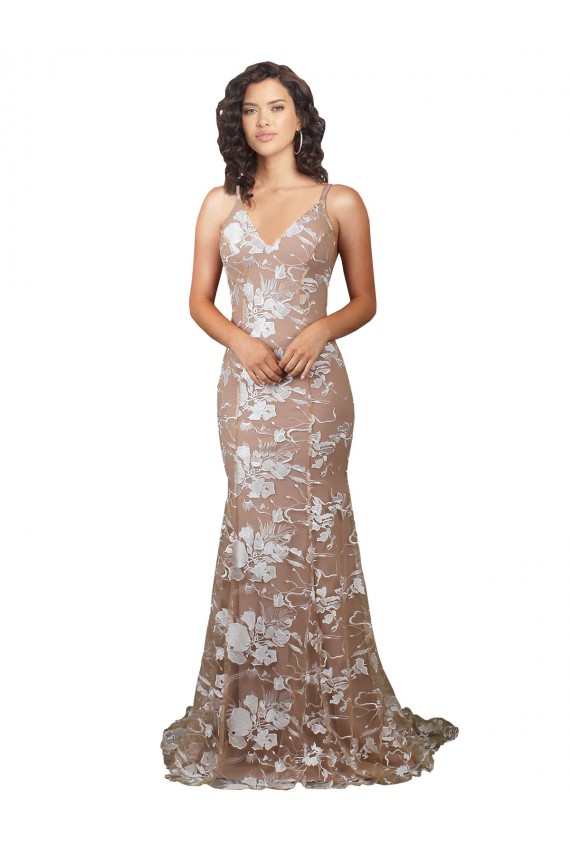 Compre Champán Sirena Cuello en V Barrer tren Encaje Vestidos de novia