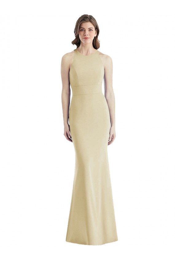 Compre Champán Trompeta Barco Crepé Elástico Largo Vestidos de dama de honor / Vestidos de fiesta