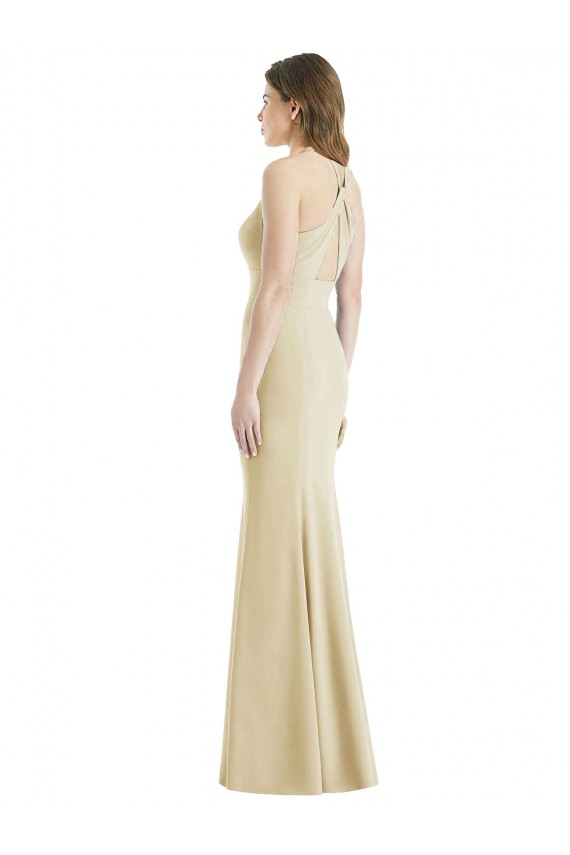 Compre Champán Trompeta Barco Crepé Elástico Largo Vestidos de dama de honor / Vestidos de fiesta