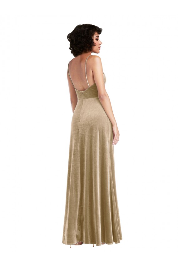 Compre Champán línea A Cuadrado Terciopelo Elástico Largo Formales Vestidos de dama de honor / Vestidos de fiesta