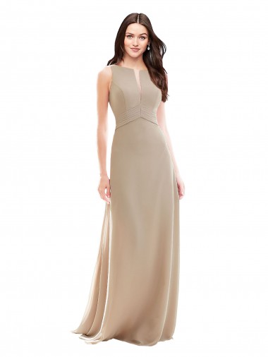 Compre Champán línea A Cuello Alto Gasa Largo Vestidos de dama de honor