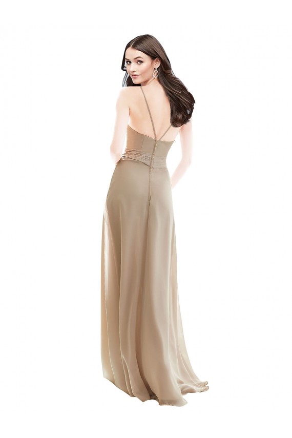 Compre Champán línea A Cuello Alto Gasa Largo Vestidos de dama de honor